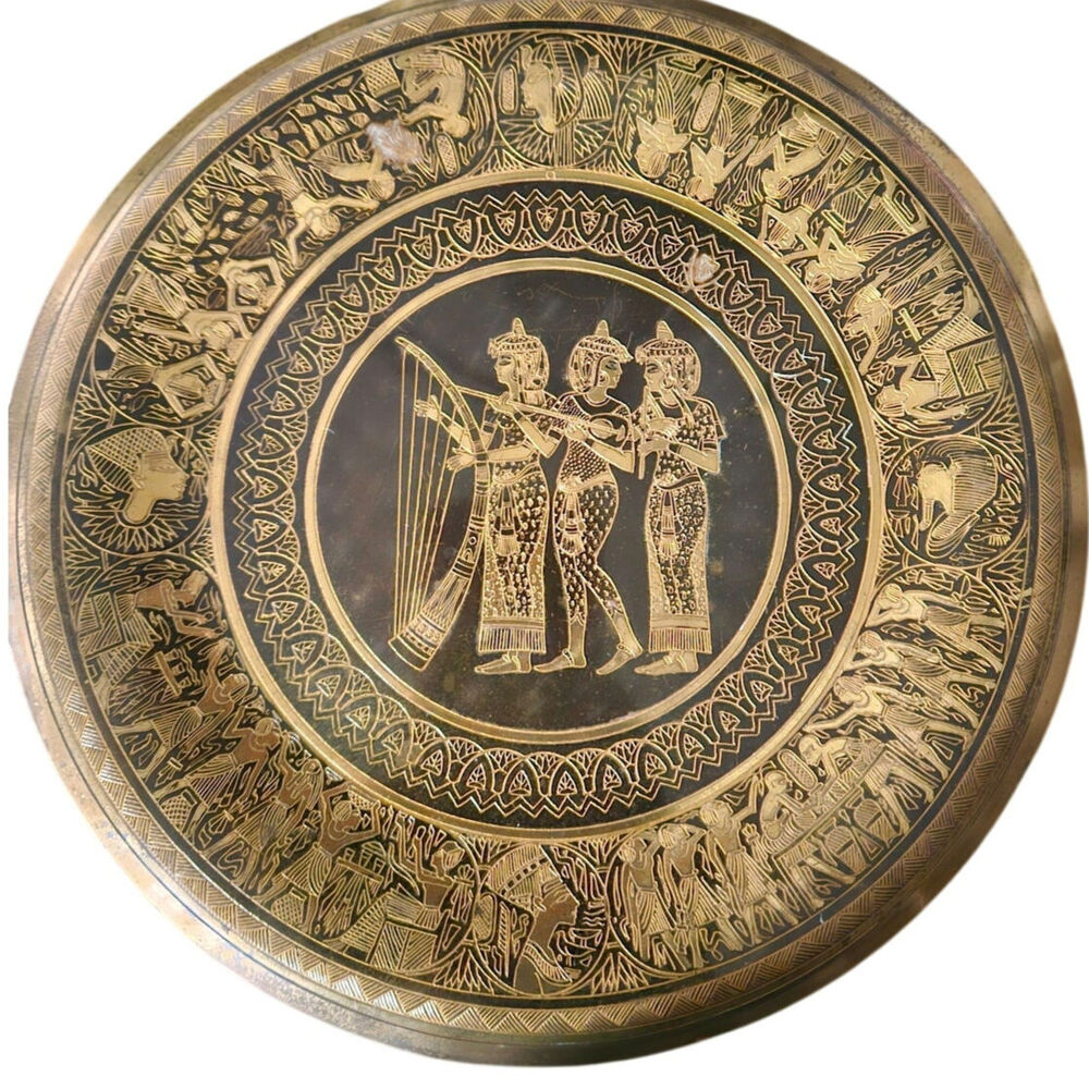 Vintage Egyptian Brass Wall Plate Etched Musicians Harp Black Enamel